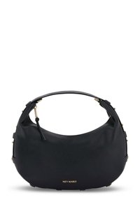 Schwarze Lederhandtasche mit strukturierter Oberfläche, runder Form, kurzem Griff und goldenen Hardware-Details. Markenlogo in Gold auf der Vorderseite aufgedruckt.