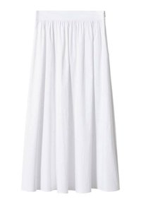Jupe midi blanche en tissu léger, avec une taille élastique froncée et une texture lisse et fluide. Sans motifs ni accents visibles.