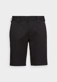 Black shorts featuring a smooth fabric, straight cut, waistband with belt loops, and no visible pockets or embellishments.