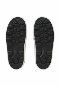 Black rubber shoe soles with detailed tread patterns; white edges; features grips and a smooth section near the center. Size markings visible.