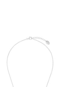 Collar de cadena de plata con un diseño delgado y delicado, que cuenta con un cierre de langosta y una cadena ajustable con una pequeña etiqueta.