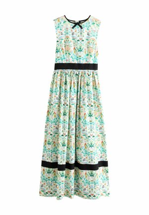 Vestido maxi con un estampado floral en turquesa, rosa y amarillo, con una cinturilla negra, escote redondo y sin mangas.