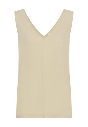Haut sans manches beige avec un décolleté en V profond, fabriqué en tissu doux. Présente une coupe droite sans embellissements supplémentaires.