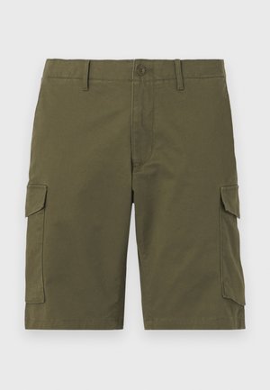 Olive green cargo shorts with a flat front, two side pockets, and two flap pockets on thighs, made of cotton blend fabric.