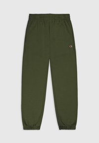 Pantaloni tuta in verde oliva, realizzati in tessuto morbido. Presentano una vita elasticizzata, tasche laterali e polsini elasticizzati alle caviglie.