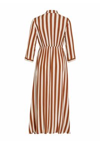 Robe maxi à manches longues, présentant des rayures verticales marron et blanches, avec une taille cintrée et un col à l'arrière. Tissu lisse.