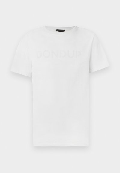 T-shirt en coton blanc avec un col rond et des manches courtes, présentant un logo "DONDUP" ton sur ton subtil imprimé sur le devant.