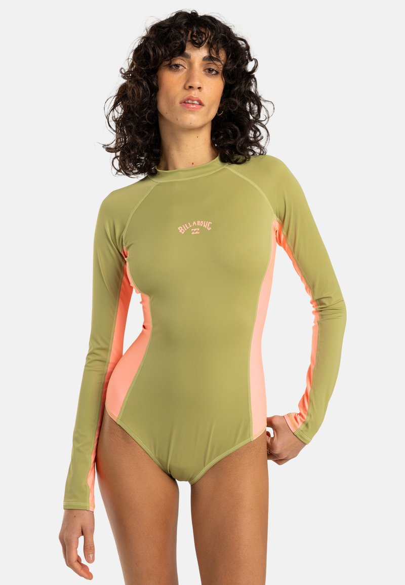 Long-sleeve swimsuit in olive green and pink with a fitted design, featuring a round neckline and a small logo on the chest.