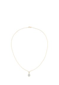 Auksinė grandinėlė su ašarėlės formos pakabuku, turinčiu tekstūruotą sidabrinį paviršių, rodomas ant baltos fono.