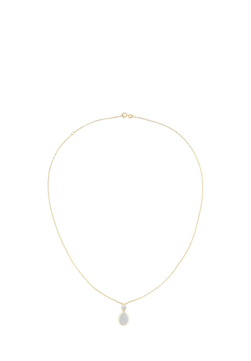 Auksinė grandinėlė su ašarėlės formos pakabuku, turinčiu tekstūruotą sidabrinį paviršių, rodomas ant baltos fono.