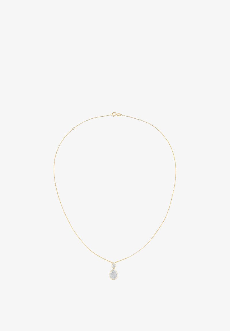 Auksinė grandinėlė su ašarėlės formos pakabuku, turinčiu tekstūruotą sidabrinį paviršių, rodomas ant baltos fono.