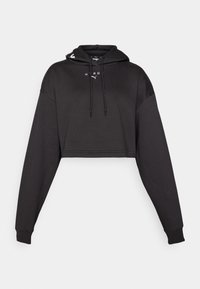 Svart cropped sweatshirt med hette, med lange ermer, snorer og en hvit logo på fronten. Glatt tekstur og avslappet passform.