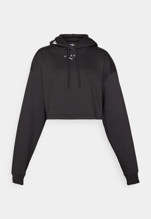 Black cropped sweatshirt with a hood, featuring long sleeves, drawstrings, and a white logo on the front. Smooth texture and relaxed fit.