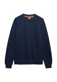 Felpa girocollo blu navy realizzata in tessuto misto cotone. Presenta polsini e orlo a coste, con un piccolo logo ricamato sul petto.