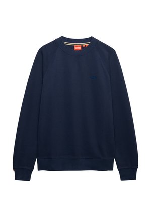 Felpa girocollo blu navy realizzata in tessuto misto cotone. Presenta polsini e orlo a coste, con un piccolo logo ricamato sul petto.