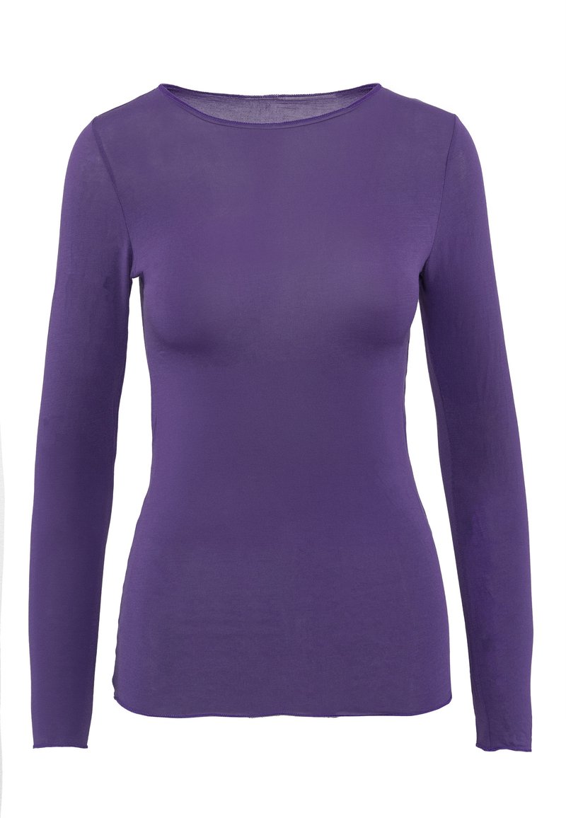 Maglietta a maniche lunghe viola realizzata in un tessuto morbido e leggero. Presenta un collo rotondo e un design aderente, senza motivi o accenti visibili.