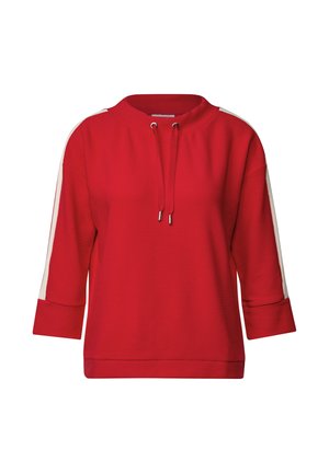 Sweatshirt rouge à manches trois-quarts, col à cordon de serrage et rayures blanches sur les côtés. Fabriqué en tissu texturé avec une coupe décontractée.