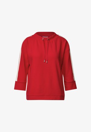 Sweatshirt rouge à manches trois-quarts, col à cordon de serrage et rayures blanches sur les côtés. Fabriqué en tissu texturé avec une coupe décontractée.