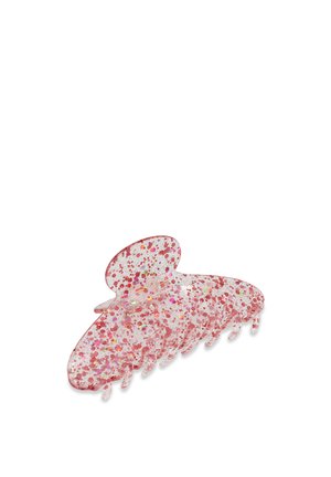 Rosa glitzernde Haarspange aus durchscheinendem Kunststoff, in Form eines Schmetterlings mit mehreren Zähnen für besseren Halt und einer glänzenden, strukturierten Oberfläche.
