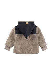 Langärmlige Fleecejacke für Kinder mit beigem Körper, schwarzer Kapuze und gerippten Bündchen, von hinten auf weißem Hintergrund gezeigt.