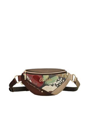 Marsupio marrone e beige con motivi floreali, cerniera dorata, tracolla regolabile e logo "Anekke" sulla parte anteriore.