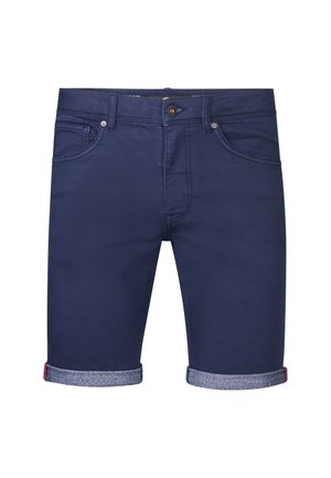Pantaloni corti in denim blu navy con risvolti, dotati di due tasche anteriori e chiusura a bottone. Tessuto liscio con dettagli di cucitura sottili.