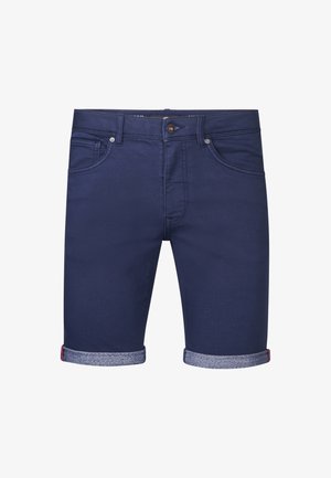Mørkeblå denim shorts med oprullede kanter, der har to forlommer og en knaplukning. Glat tekstur med subtile stikninger.