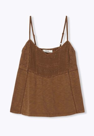 Top marron à fines bretelles avec motifs floraux brodés, plis verticaux sur la poitrine et détails en dentelle, étiqueté Promod.