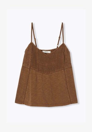 Top marron à fines bretelles avec motifs floraux brodés, plis verticaux sur la poitrine et détails en dentelle, étiqueté Promod.