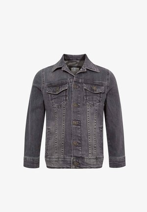 Veste en denim gris avec un col pointu, une fermeture à boutons sur le devant, deux poches poitrine et des coutures contrastées. Manches longues avec poignets boutonnés.