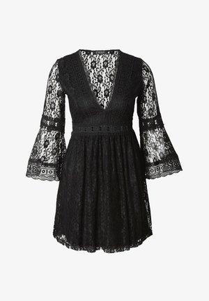 Must pitskleit, millel on sügav V-kaelus, pikad lehvikukäised ja astmeline seelik. Detailne pitsmuster laineliste äärtega.