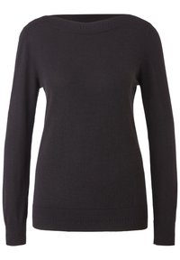 Pull noir à manches longues avec col rond, poignets, encolure et ourlet côtelés, présenté sur un fond blanc uni.
