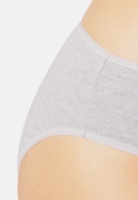 Grijze katoen slip met een gladde textuur, hoge tailleband en platte elastische afwerking. Zijaanzicht benadrukt de zachte curve van de stof.