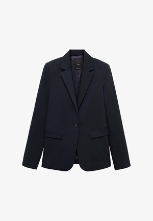 Blazer bleu marine, design structuré, fermeture à un bouton, deux poches avant, revers crantés, texture lisse, intérieur non doublé.