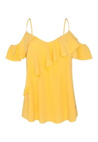 Top giallo senza spalline realizzato in un tessuto morbido, con un design arricciato sul collo e spalline che creano una silhouette fluida.