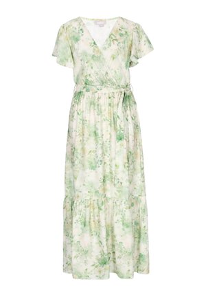 Jasnozielona i beżowa sukienka kopertowa w kwiaty z krótkimi falującymi rękawkami, paskiem do wiązania w talii oraz marszczonym, warstwowym dołem.