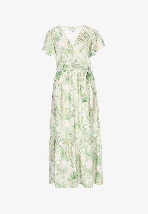 Lichtgroene en beige bloemen wikkeljurk met korte wijd uitlopende mouwen, een ceintuur met strik in de taille en een geplooide, gelaagde rok.