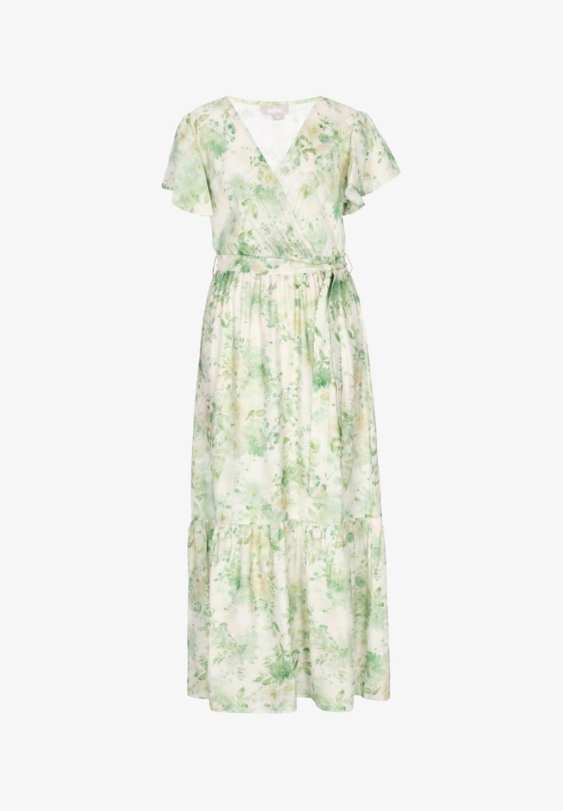 Hellgrünes und beiges Blumenwickelkleid mit kurzen Flatterärmeln, Taillengürtel zum Binden und gerafftem, gestuftem Rock.