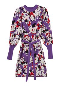Abito viola con motivo floreale in rosso, bianco e nero. Presenta un colletto a girocollo a coste, maniche puff e una cintura coordinata.