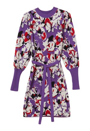 Abito viola con motivo floreale in rosso, bianco e nero. Presenta un colletto a girocollo a coste, maniche puff e una cintura coordinata.