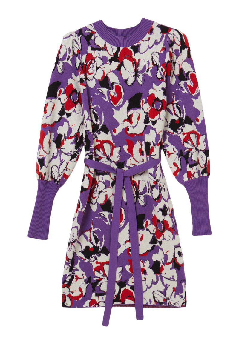 Abito viola con motivo floreale in rosso, bianco e nero. Presenta un colletto a girocollo a coste, maniche puff e una cintura coordinata.