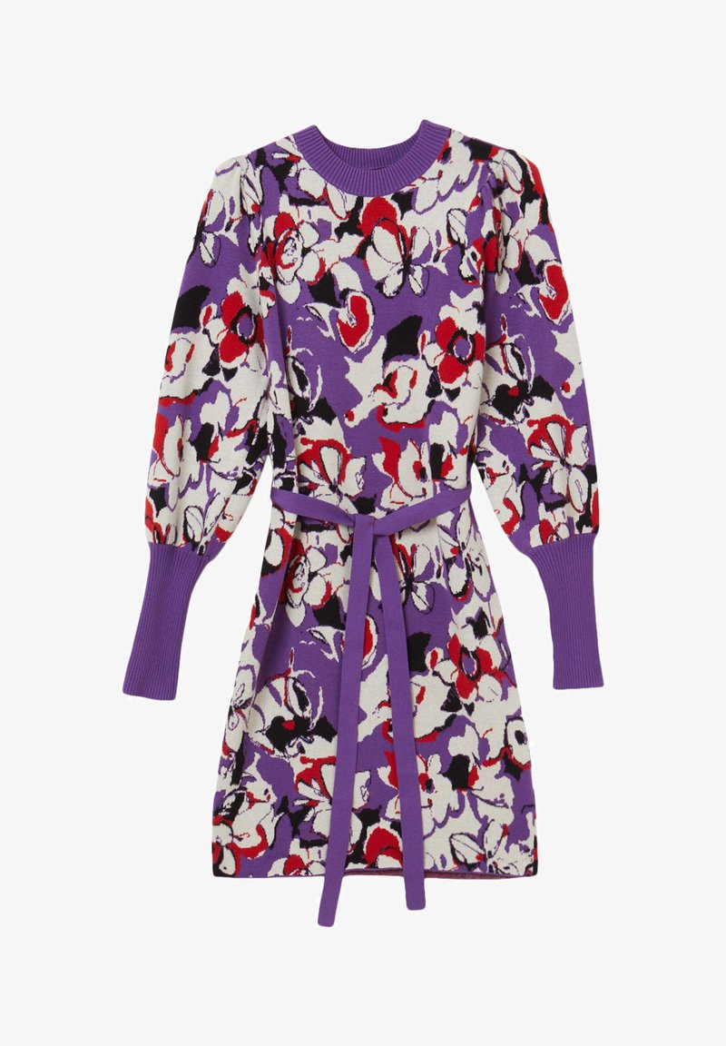 Abito viola con motivo floreale in rosso, bianco e nero. Presenta un colletto a girocollo a coste, maniche puff e una cintura coordinata.
