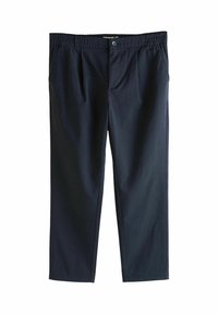 Dunkelmarineblaue Hose mit elastischem Bund, Frontknopfverschluss, zwei Seitentaschen und einem glatten, leichten Stoff.