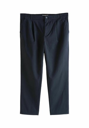 Tumed sinine püksid elastse vöökohtaga, ees nupuga kinnitamine, kaks küljetaskut ning sile ja kerge kangas.