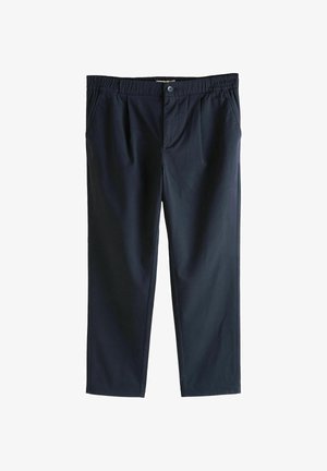 Mørkeblå bukser med elastisk talje, frontknap lukning, to sidelommer og et glat, letvægtsstof.