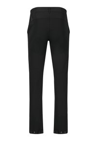 Zwarte outdoorbroek van een gladde, duurzame stof. Beschikt over een tailleband, rechte pijpen en verstelbare drukknoopsluitingen bij de manchetten.