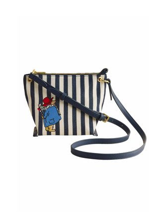 Small navy and white vertical striped crossbody bag with adjustable dark blue strap and embroidered figure in red hat and blue coat.
