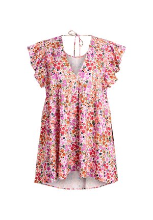 Květinové šaty s krátkými rukávy s volánky, výstřihem do V, asymetrickým lemem a zavazováním na zadním výstřihu v růžových, červených, oranžových a fialových barvách.