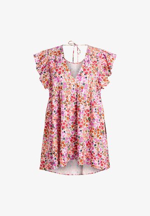 Vestido corto de manga corta con volantes en las mangas, escote en V, dobladillo alto-bajo y cierre con lazo en la parte trasera del cuello en colores rosa, rojo, naranja y púrpura.