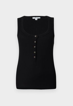 Débardeur côtelé noir sans manches avec encolure dégagée et cinq boutons sur le devant, étiqueté Topshop, présenté sur fond uni.